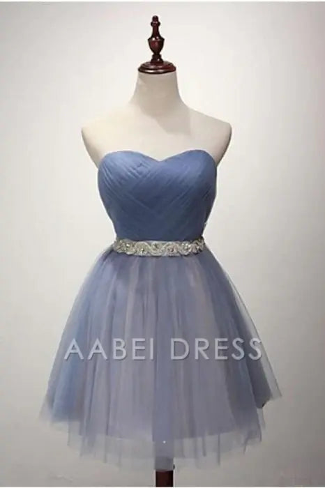 AABEI DRESS New Homecoming Dress A-line Strapless Pleated Tulle Sash Cocktail Party Dresses for Teens Short Prom Dress
