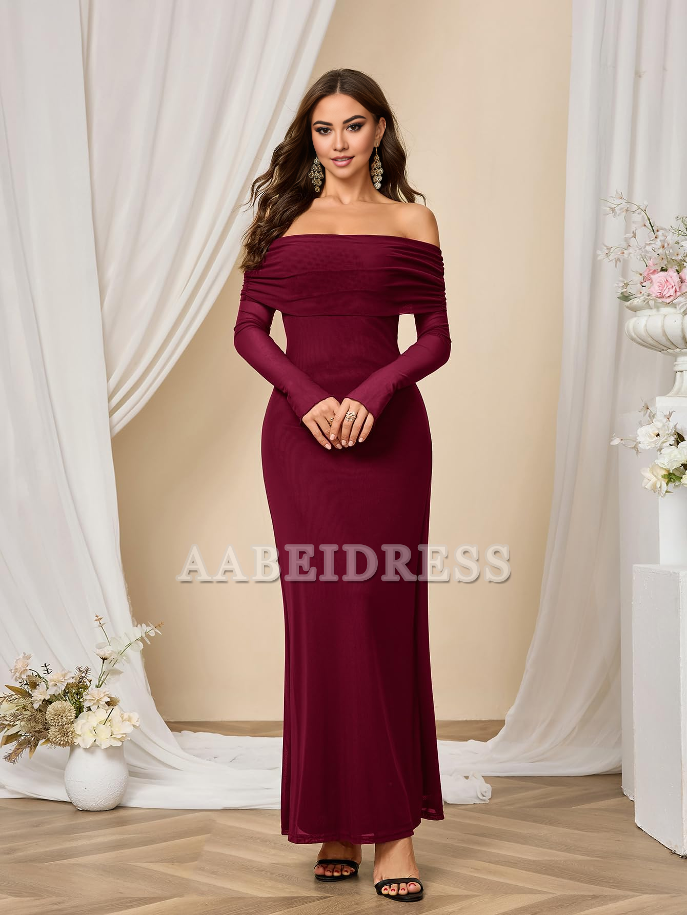 Prom Dress Long Sleeve Mesh Off Shoulder Bodycon Maxi Dress Charming Party Dresses Wedding Guest Dresses Formal Wear Dresses