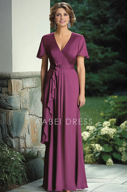 AABEI DRESS Mother Of The Bride Dress Mermaid Wrap Short Sleeves V Neck Ruffles Elegant Chiffon Long Formal Wear Dresse