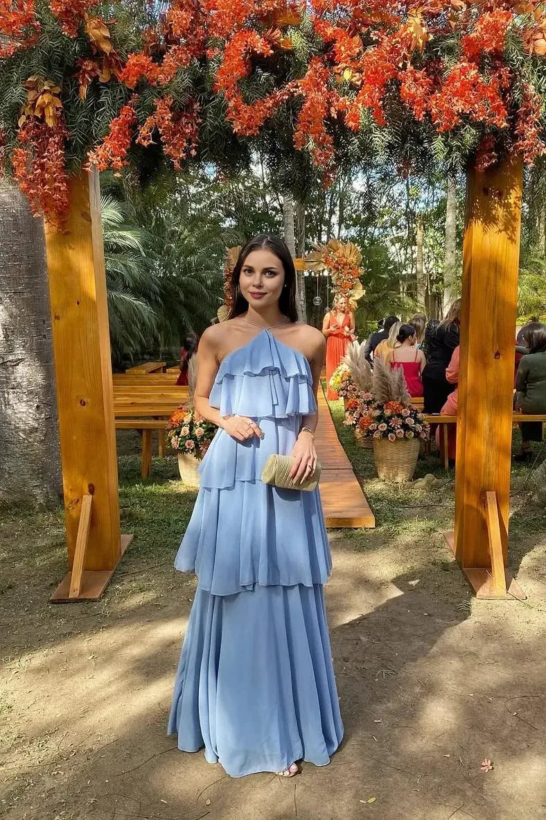 Sweet Formal Women's Dresses Chic Chiffon Blue A Line Halter Neck Sleeveless With Layering Ruffles Floor Length Affordable Prom Dress