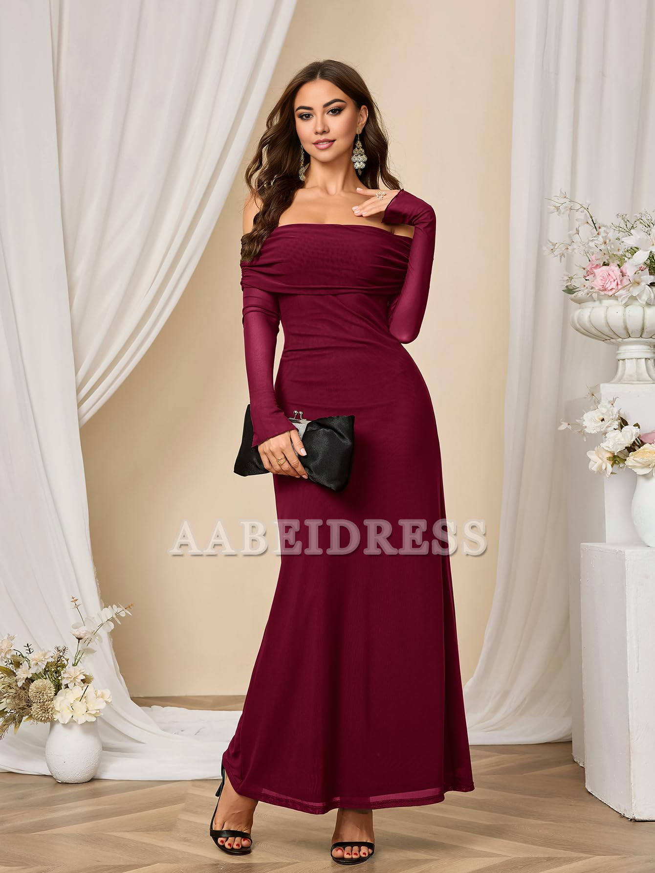 Prom Dress Long Sleeve Mesh Off Shoulder Bodycon Maxi Dress Charming Party Dresses Wedding Guest Dresses Formal Wear Dresses