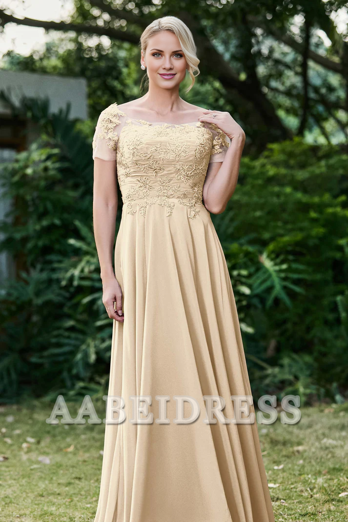 AABEI DRESS Mother of the Bride Dresses Ruched Applique Short Sleeves Chiffon Long Dress Elegant Formal Dress High Quality Wedding Guests Dresses