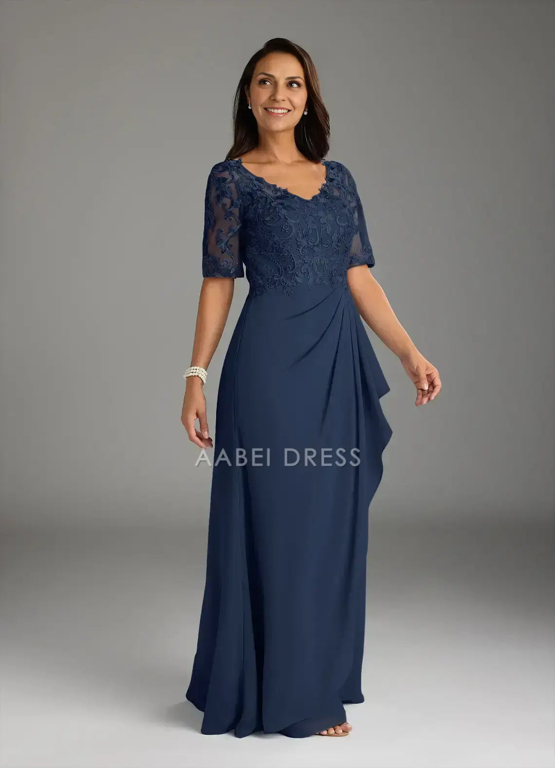 AABEI DRESS Wedding Guests Dresses A-Line V-Neck Short Sleeve Lace Applique Cascading Ruffles Fashion Elegant Mother of the Bride Dress
