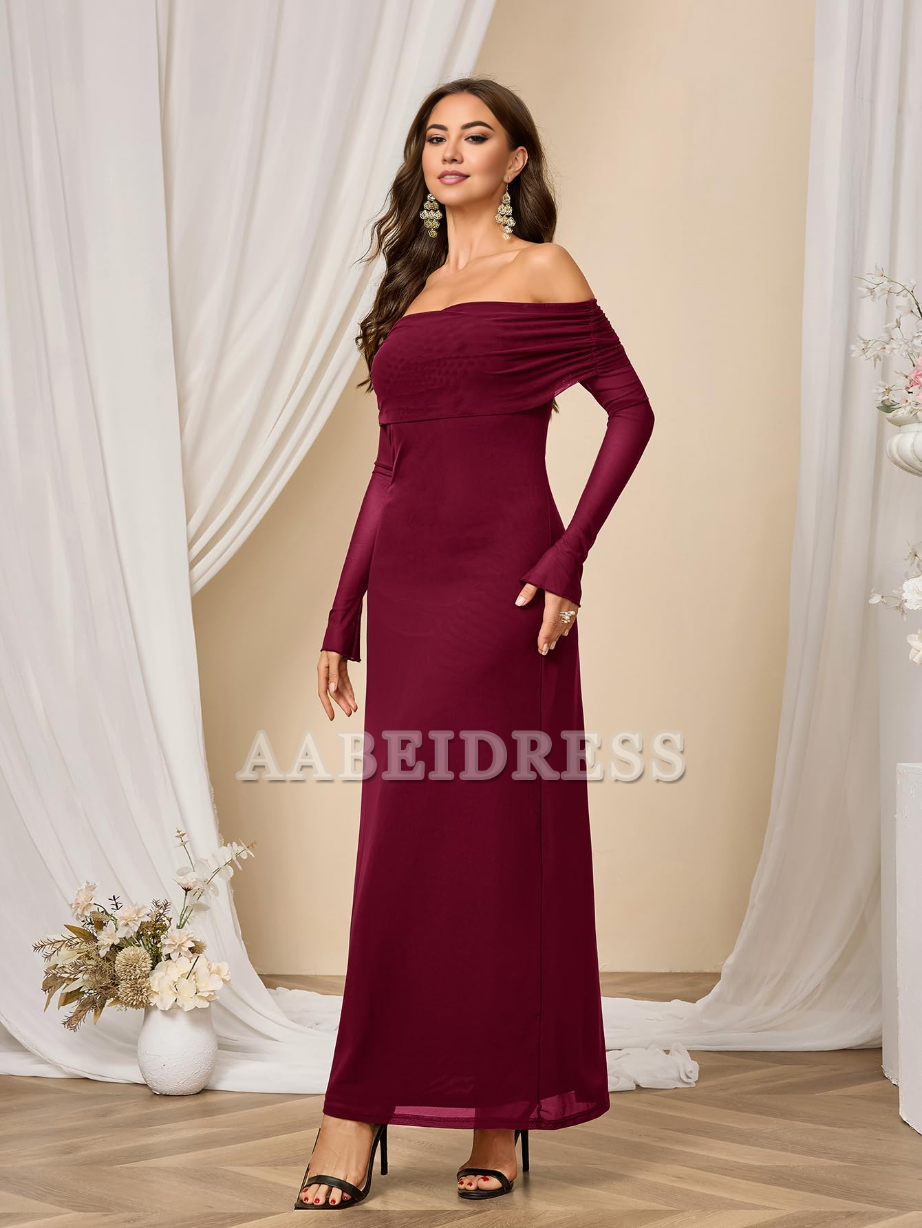 Prom Dress Long Sleeve Mesh Off Shoulder Bodycon Maxi Dress Charming Party Dresses Wedding Guest Dresses Formal Wear Dresses