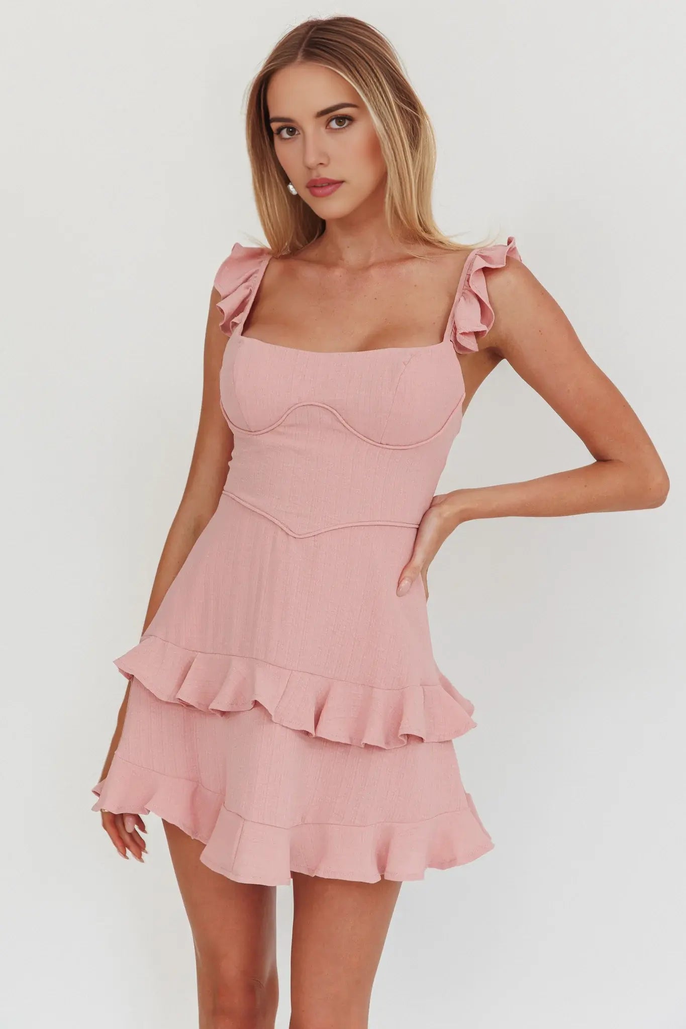 Sweetness Sheath Square Neck Ruffle strap Lace-Up Backless Layering Ruched Light Blue Elegance Mini Dress Hot Sale Homecoming Dress