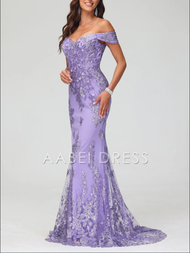 AABEI DRESS Mermaid Off the Shoulder Sleeveless Elegant Tulle Sweep Train Dress High Quality Evening Dress