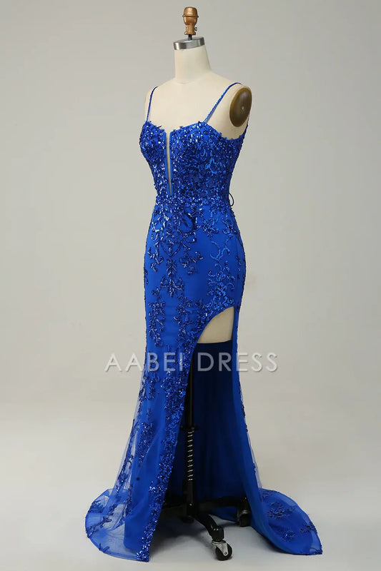 AABEI DRESS Hot Sale Prom Dress Exquisite Sheath Spaghetti Straps Side Fork Appliques Sparkle Long Party Dress
