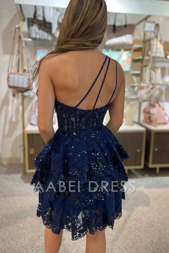 AABEI DRESS New Homecoming Dress Exquisite A Line One Shoulder Appliques Multi-Layers Sparkle Short Prom Dresse