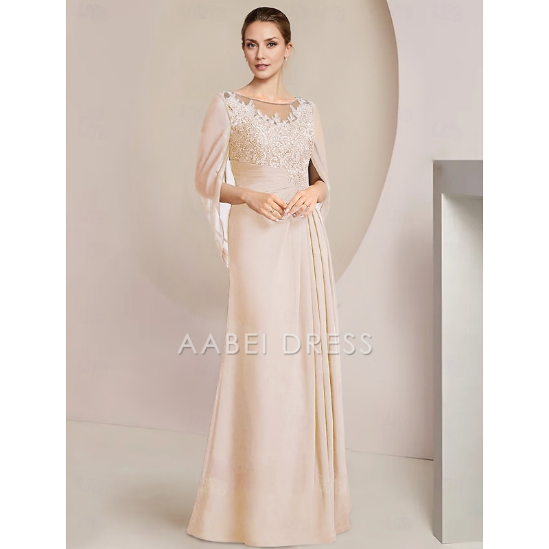 AABEI DRESS Wedding Guest Dress Elegant Sheath Jewel Neck Floor Length Chiffon Half Sleeve with Lace Side-Draped Mother of the Bride Dress