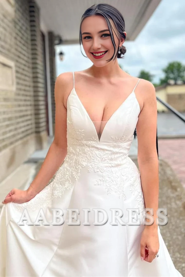 AABEI DRESS Elegant Charming Wedding Dress A-Line Deep V-Neck Spaghetti Strap Long Appliques Formal Dresses