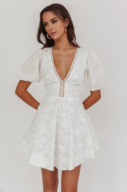 Chic A Line V-Neck Puff Sleeve Jacquard White Cute Mini Dress Hot Sale Homecoming Dress