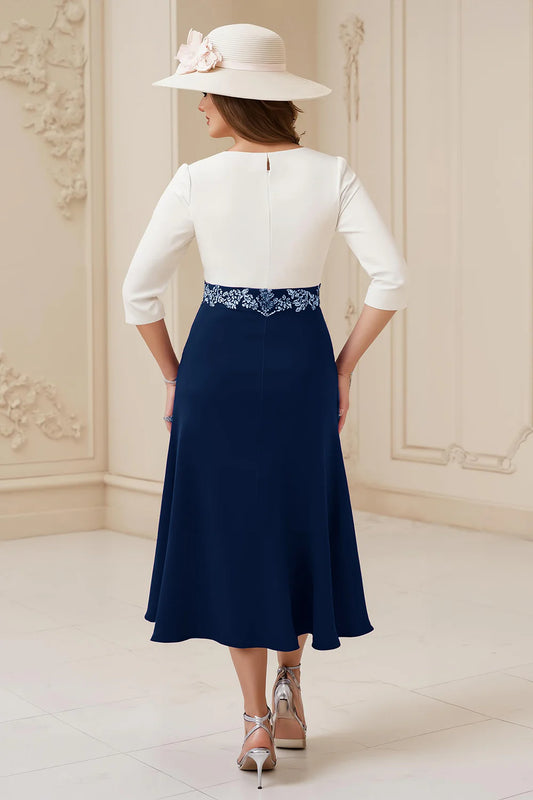 Navy and White A Line Boat Neck 3/4 Long Sleeve Waist with Lace Appliques Exquisite Midi Wedding Guest Dress For Women Hot Sale Mother of the Bride Dress
