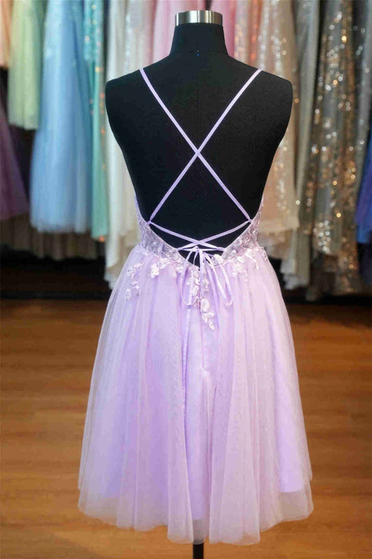 AABEI DRESS New Homecoming Dress Exquisite A Line V-Neck Spaghetti Strap Lace Appliques Backless Short Prom Dresse