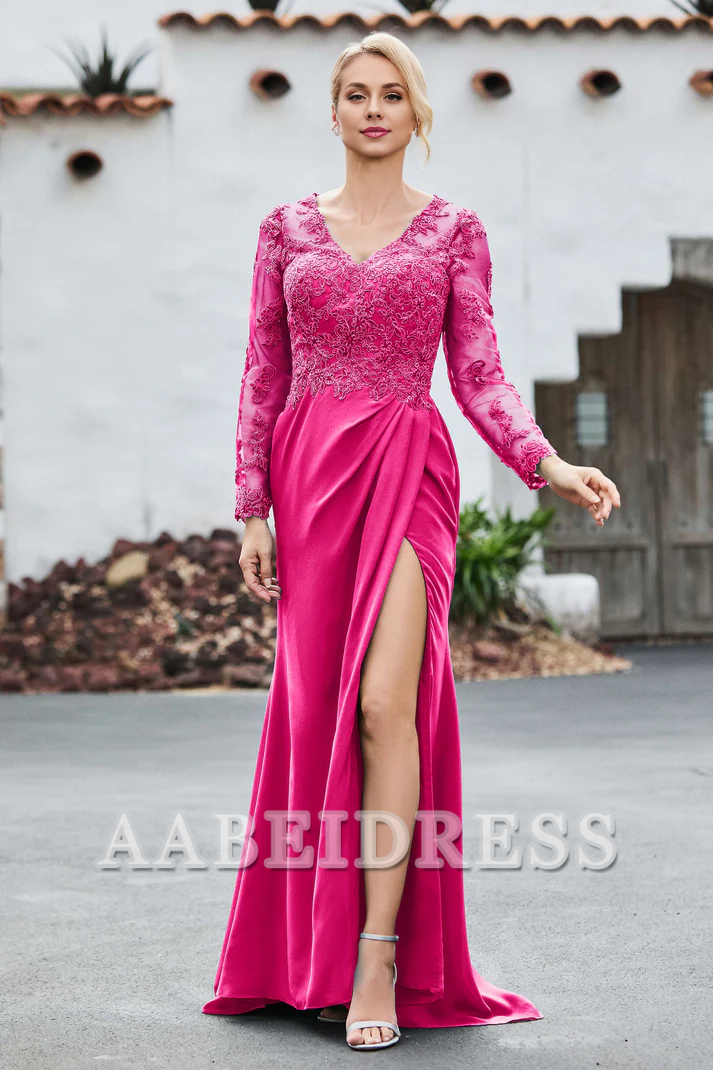 AABEI DRESS Mother of the Bride Dresses Lace V-neck Long Sleeves High Slit Elegant Dress Wedding Guests Dresses