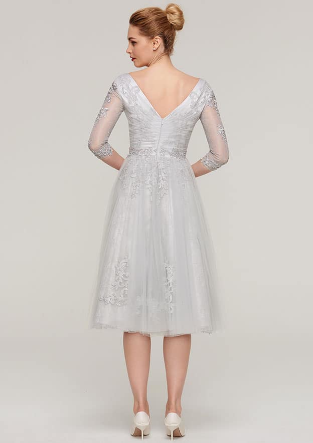 Exquisite Wedding Guest Dresses Light Grey Tulle A-line V Neck 3/4 Sleeve Lace Appliqued With Waistband Tea-Length Bargain Mother of the Bride Dress