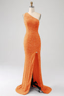 Prom Dress Charming Mermaid One Shoulder Sparkly Sequins Slit Backless Unique Luxury Formal Wear Dresses