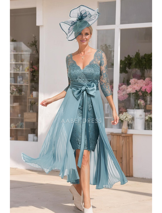 AABEI DRESS Wedding Guest Dress Two Piece Sheath V Neck 3/4 Length Sleeve Knee Length Lace with Bow(s) Elegant Mother of the Bride Dress