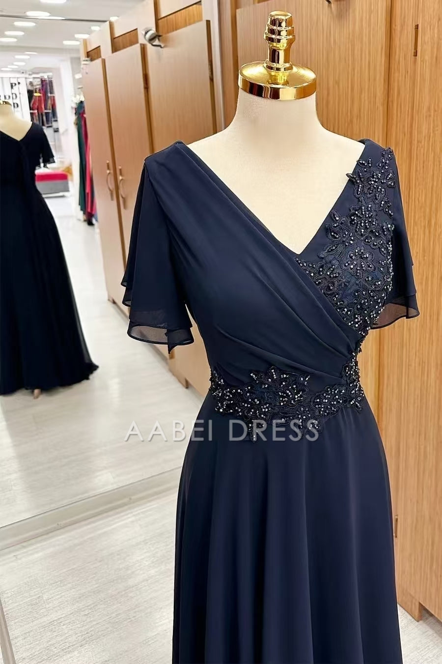 AABEI DRESS High Quality Mother of The Bride Dress A Line V-Neck Flutter Sleeves Beaded Embroidery Exquisite Dress Formal Dress