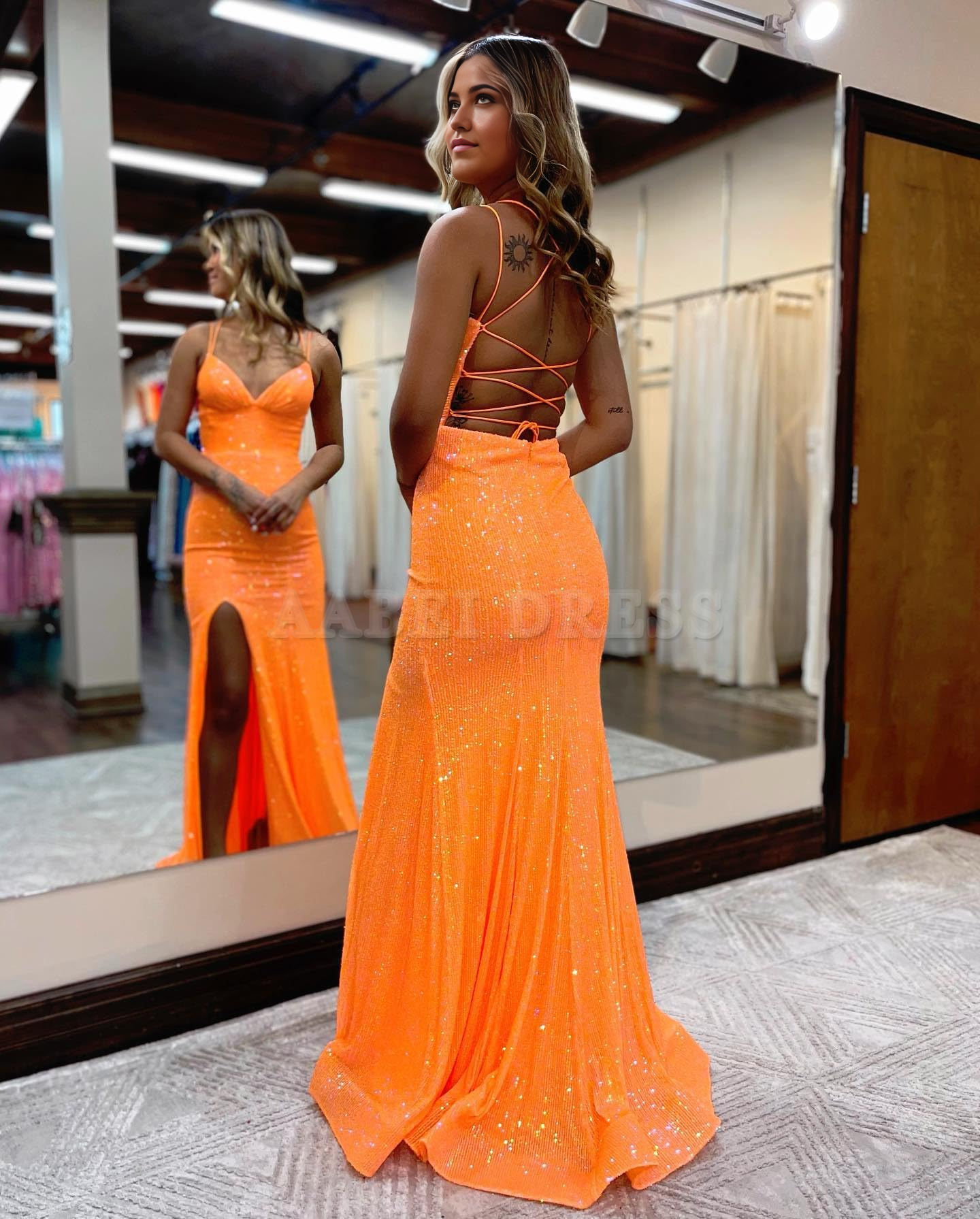 Prom Dress Sequin Spaghetti Straps Satin Long High Slit Backless Bridesmaid Dress Formal Wear Dresses