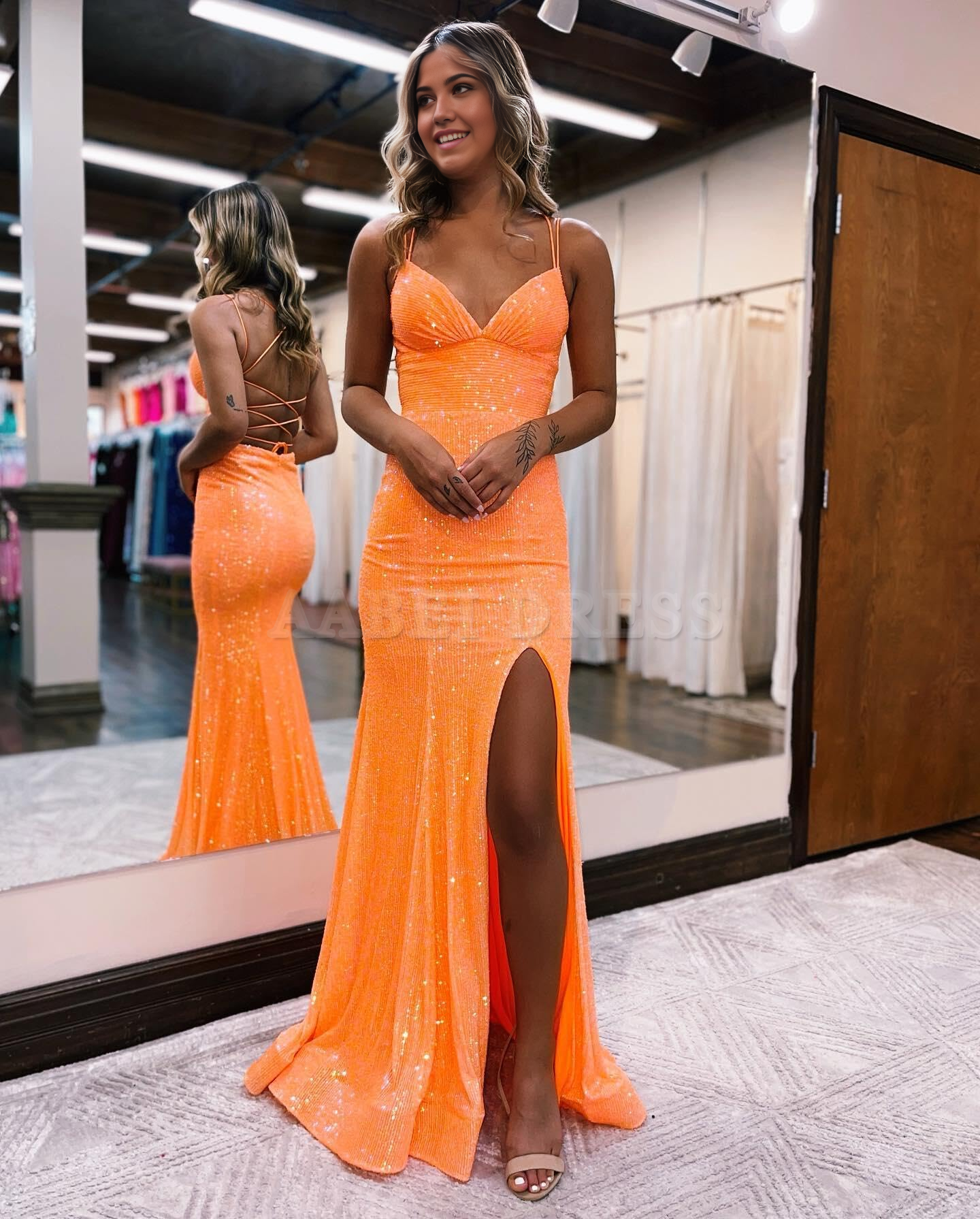 Prom Dress Sequin Spaghetti Straps Satin Long High Slit Backless Bridesmaid Dress Formal Wear Dresses