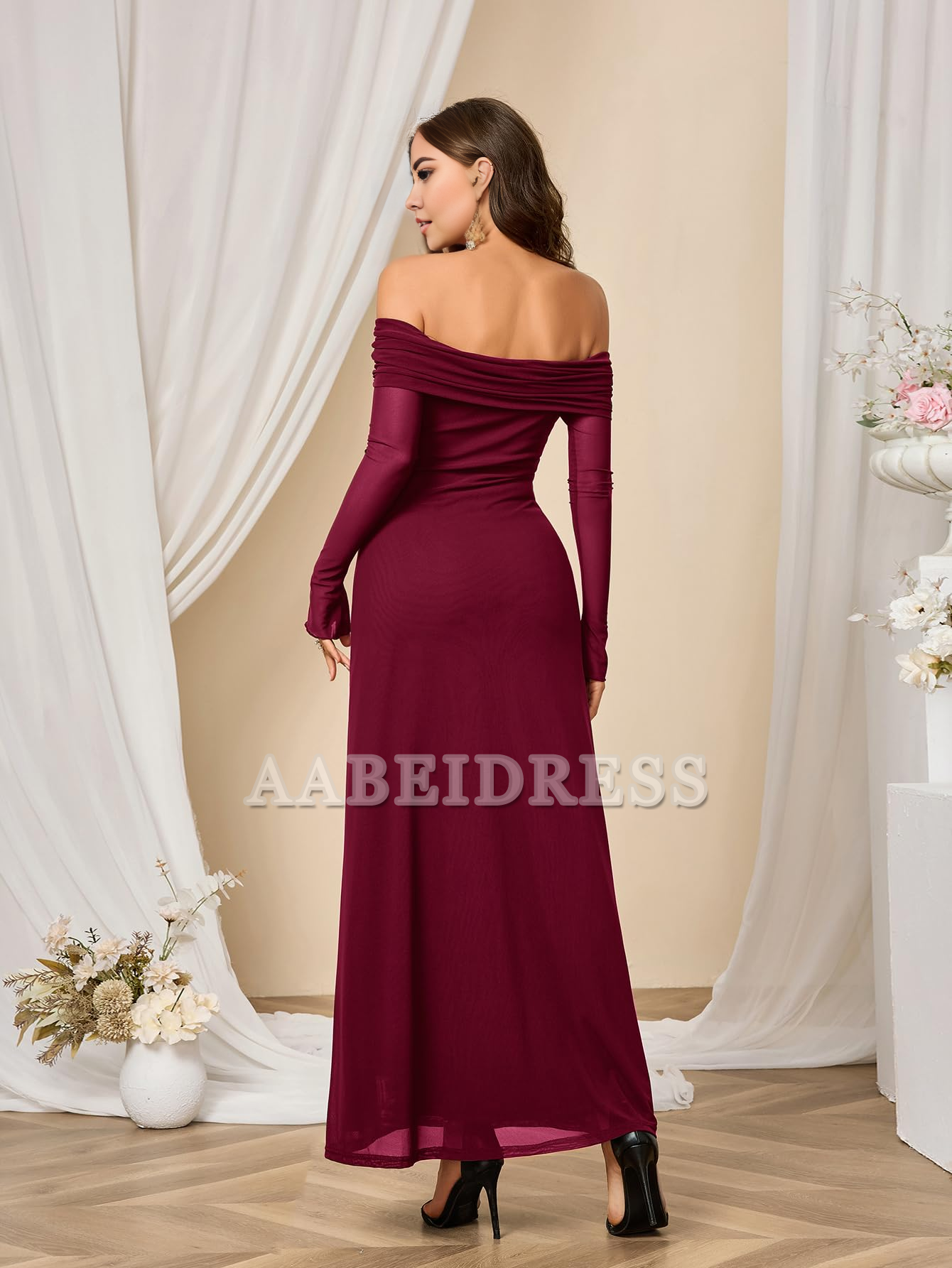 Prom Dress Long Sleeve Mesh Off Shoulder Bodycon Maxi Dress Charming Party Dresses Wedding Guest Dresses Formal Wear Dresses