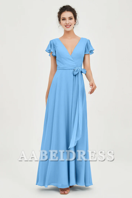AABEI DRESS Bridesmaid Dresses Chiffon A-Line V-neck Flutter Sleeves Pleated Lace up Floor-Length Elegant Simple Wedding Guests Dresse