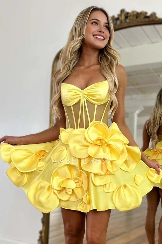 AABEI DRESS New Homecoming Dress Unique A-Line V-Neck Spaghetti Strap Sleeveless 3D Florals Backless Intricate Short Prom Dresse