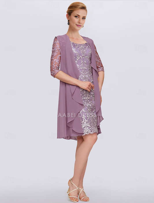 AABEI DRESS Wedding Guest Dress Two Piece Sheath Jewel Neck Half Sleeve Knee Length Jacket Dresses Lace Elegant Mother of the Bride Dress