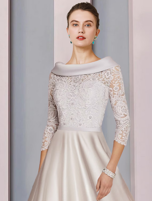 A-Line Mother of the Bride Dress Formal Church Party Elegant Cowl Neck Tea Length Satin Lace 3/4 Length Sleeve with Beading Appliques