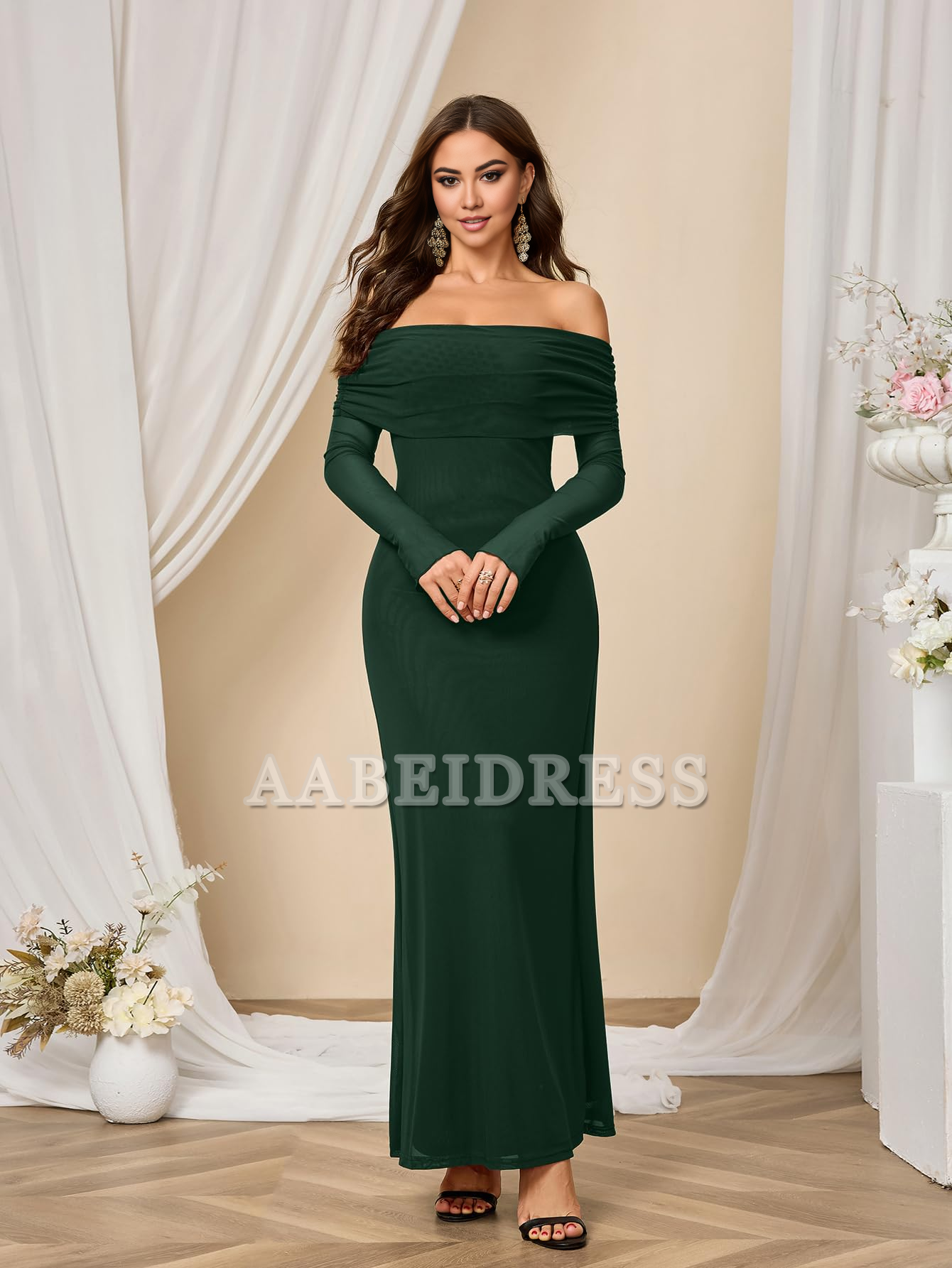 Prom Dress Long Sleeve Mesh Off Shoulder Bodycon Maxi Dress Charming Party Dresses Wedding Guest Dresses Formal Wear Dresses
