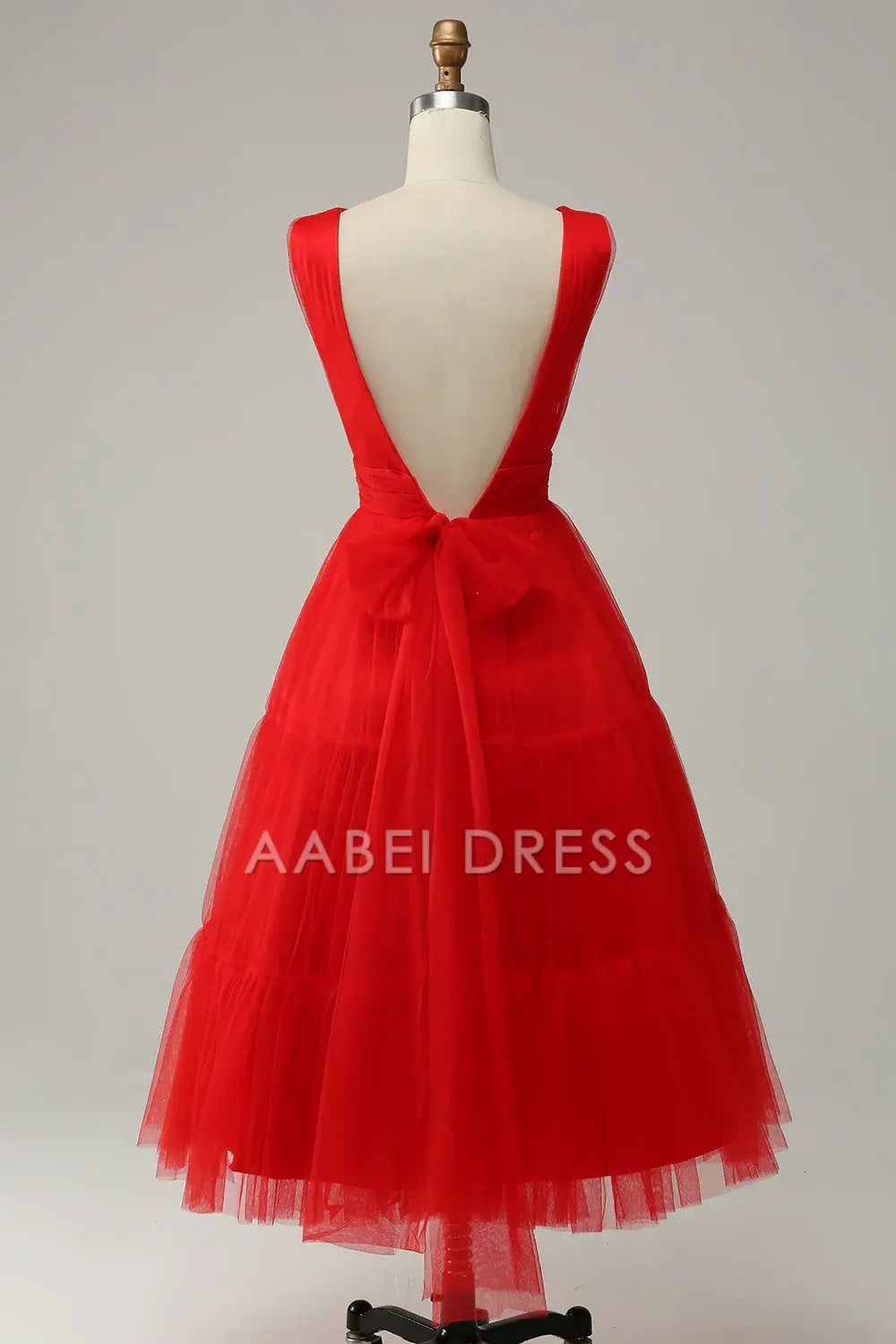 AABEI DRESS Hot Sale Prom Dress Elegant V-Neck Pleated Tulle Tea-Length Backless Formal Dress