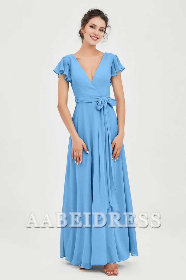 AABEI DRESS Bridesmaid Dresses Chiffon A-Line V-neck Flutter Sleeves Pleated Lace up Floor-Length Elegant Simple Wedding Guests Dresse