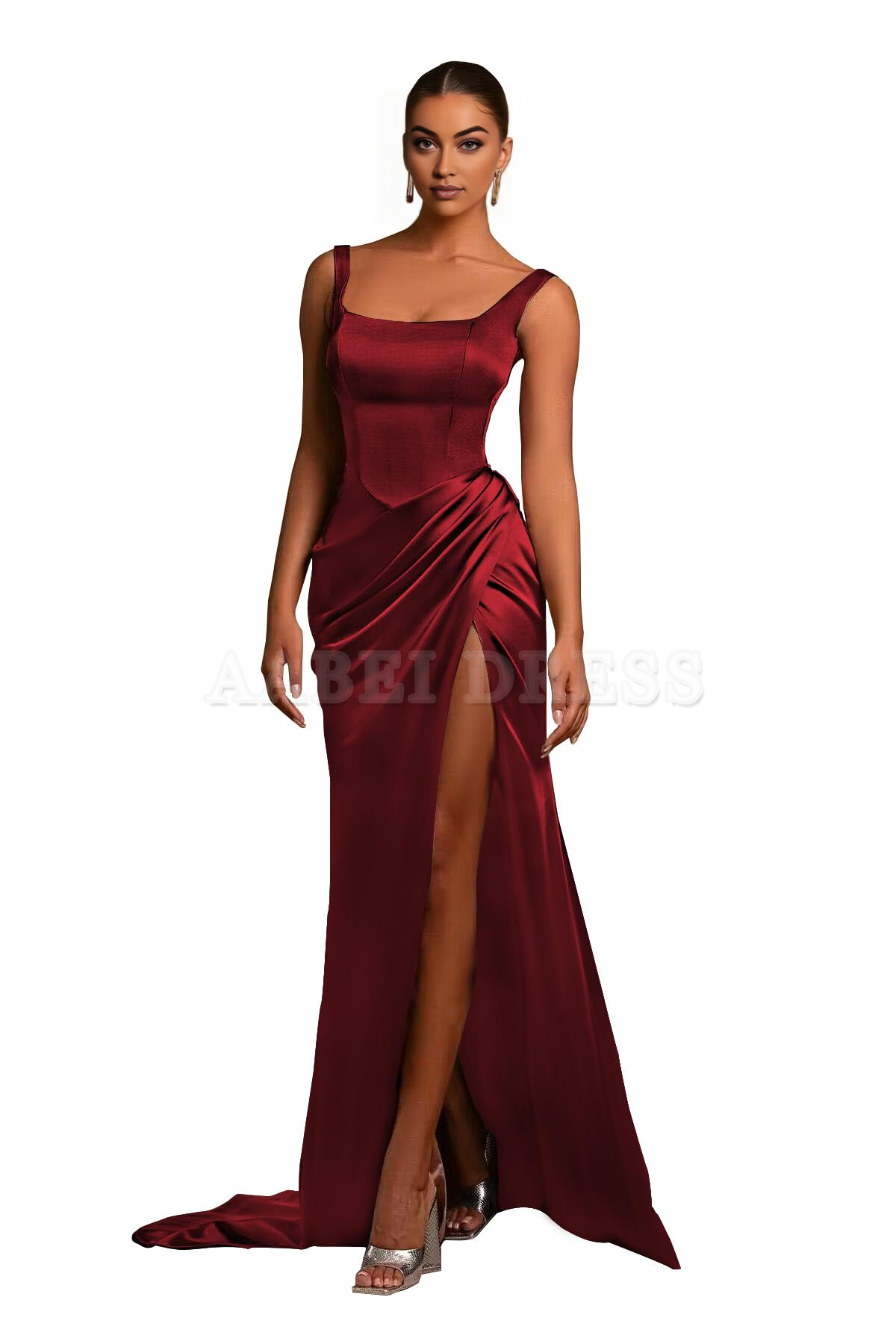 Prom Dress Mermaid Satin Ball Gown Square Neck Pleated High Side Fork Wedding Guest Formal Wear Dresses