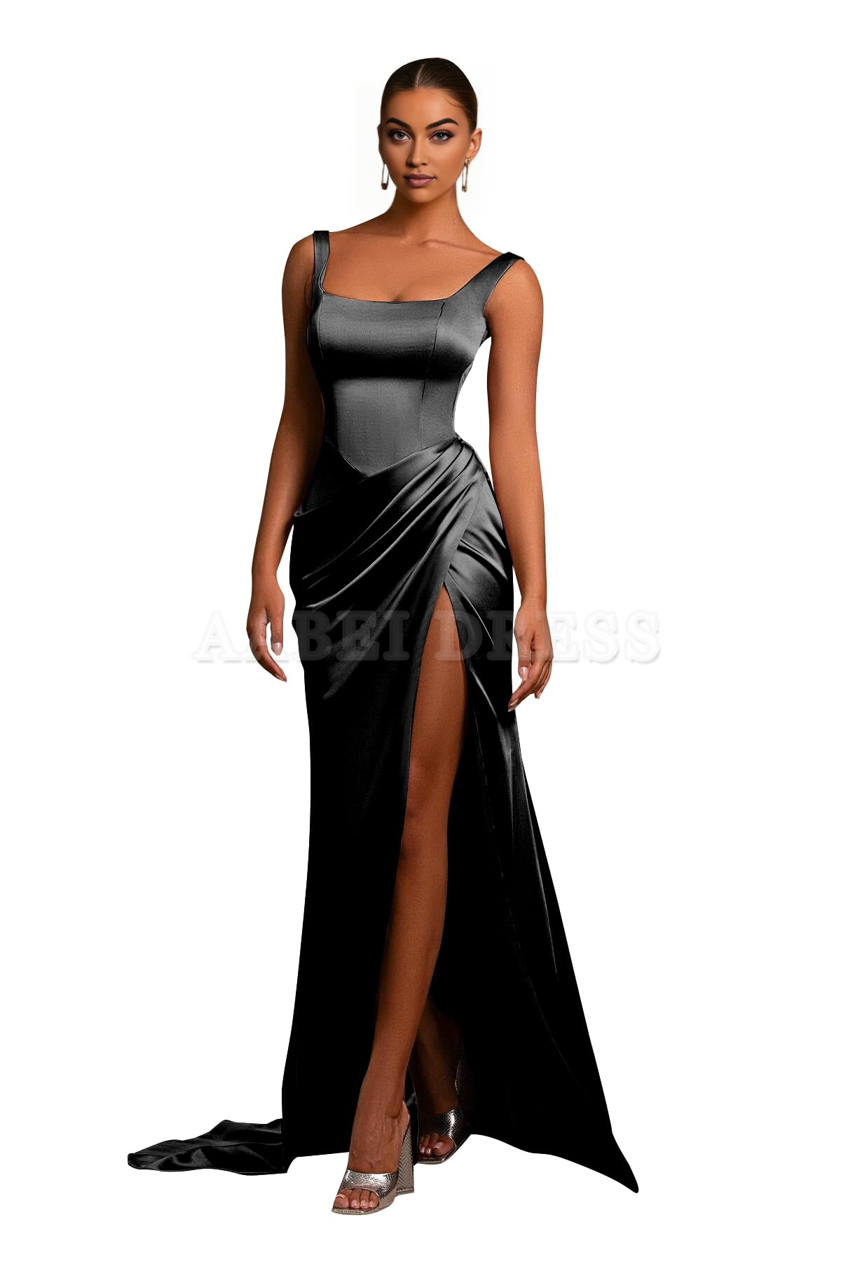 Prom Dress Mermaid Satin Ball Gown Square Neck Pleated High Side Fork Wedding Guest Formal Wear Dresses