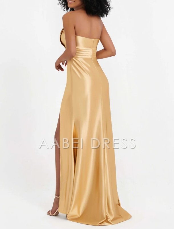 AABEI DRESS Elegant Sheath Strapless Pleated High Slit Long Satin Side Fork Charming Evening Dress