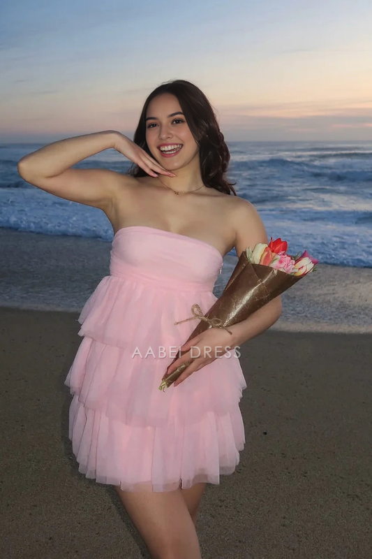 AABEI DRESS New Homecoming Dress Cute Tulle A-Line Strapless Ruched Tiered Backless Party Elegant Short Prom Dresse