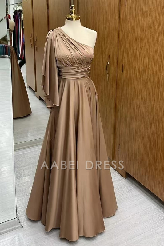 AABEI DRESS High Quality Mother of The Bride Dress A-Line One-Shoulder Flared Sleeve Pleated Long Elegant Dress Formal Dress