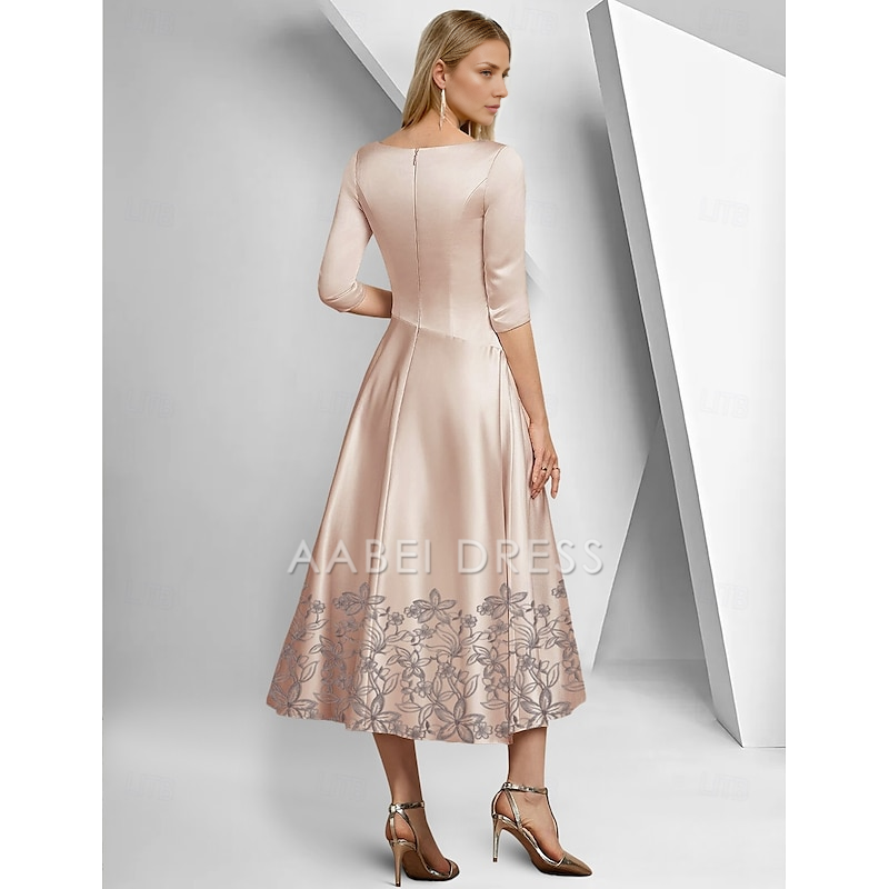 AABEI DRESS Wedding Guest Dress A-Line V Neck 3/4 Length Sleeve Ankle Length Tea Length Lace Ruched Sequin Elegant Simple Mother of the Bride Dress