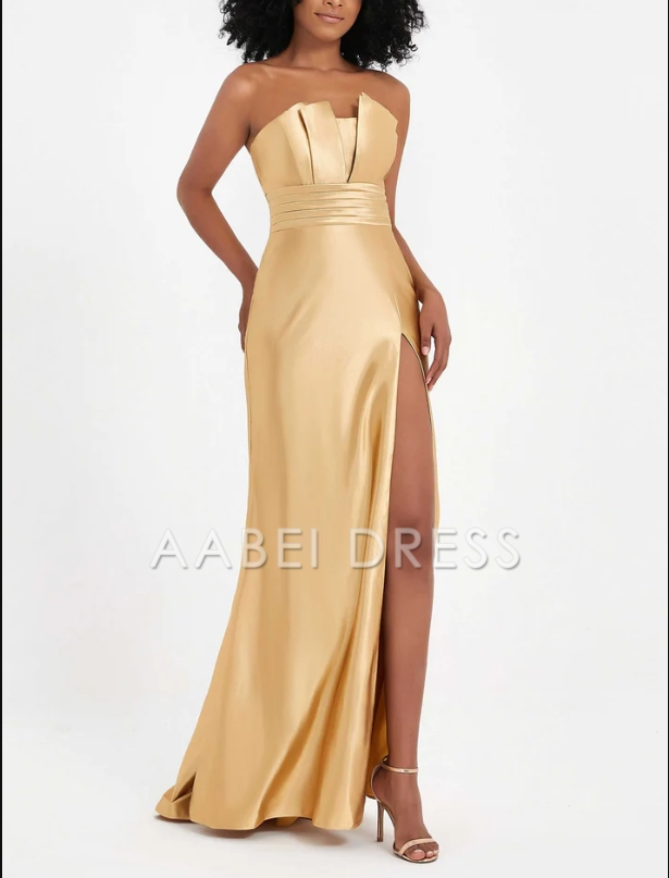 AABEI DRESS Elegant Sheath Strapless Pleated High Slit Long Satin Side Fork Charming Evening Dress
