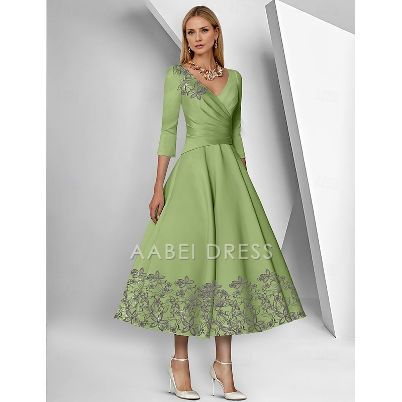 AABEI DRESS Wedding Guest Dress A-Line V Neck 3/4 Length Sleeve Ankle Length Tea Length Lace Ruched Sequin Elegant Simple Mother of the Bride Dress