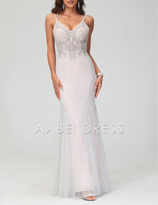 AABEI DRESS Charming V-Neck Spaghetti Straps Bodycon Glitter Backless Tulle Floor-Length Fashion Evening Dress