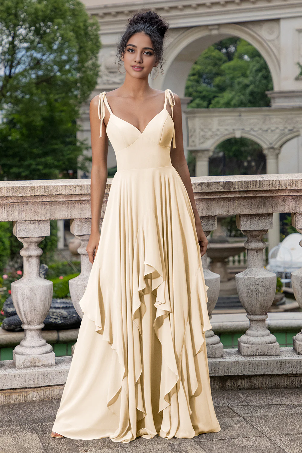 Prom Dress A Line Spaghetti Straps Ruched Chiffon Long Bridesmaid Dress Ruffles Lace up Elegant Simple Formal Wear Dresses