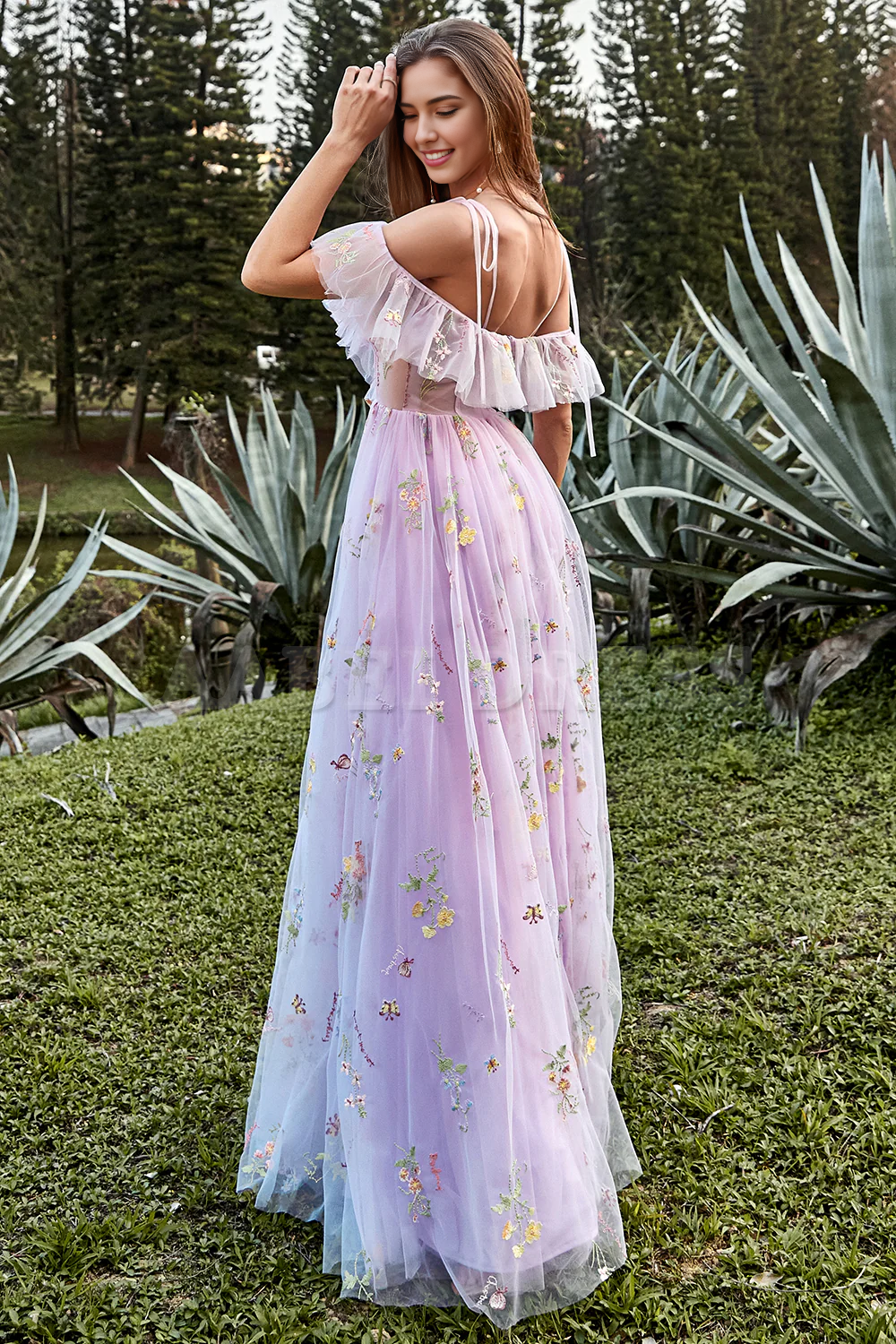 Prom Dress A-Line V-Neck Spaghetti Straps Ruched Side Fork Embroidery Lace Sweet Formal Wear Dresses