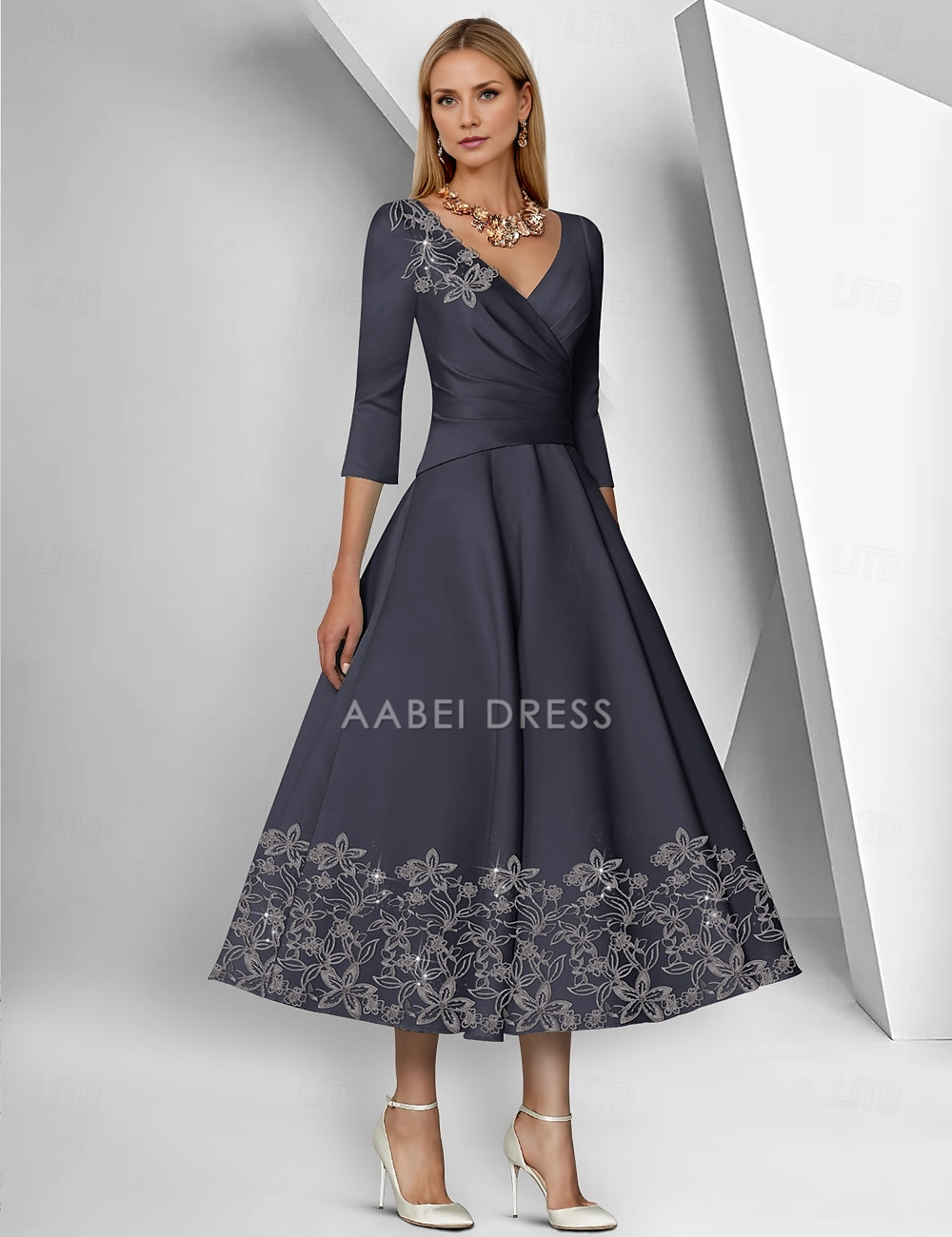 AABEI DRESS Wedding Guest Dress A-Line V Neck 3/4 Length Sleeve Ankle Length Tea Length Lace Ruched Sequin Elegant Simple Mother of the Bride Dress