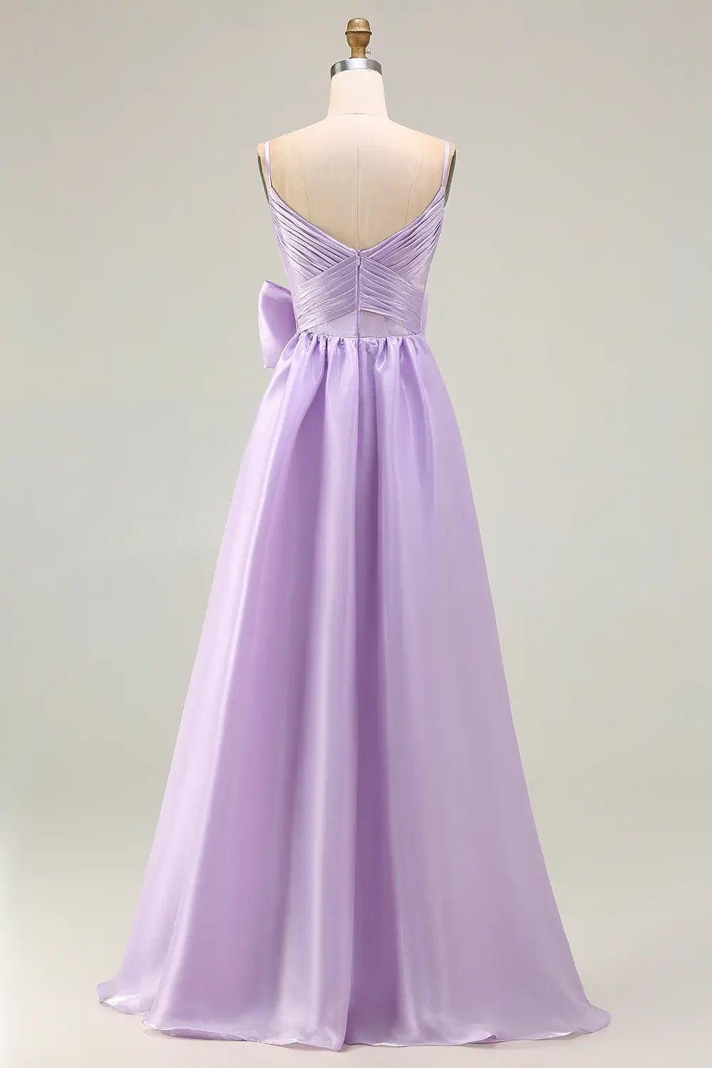 Elegant Prom Dress Lilac A-Line Spaghetti Strap Deep V Neck Sleeveless Pleated with Bow Backless Bargain Long Wedding Guest Dress