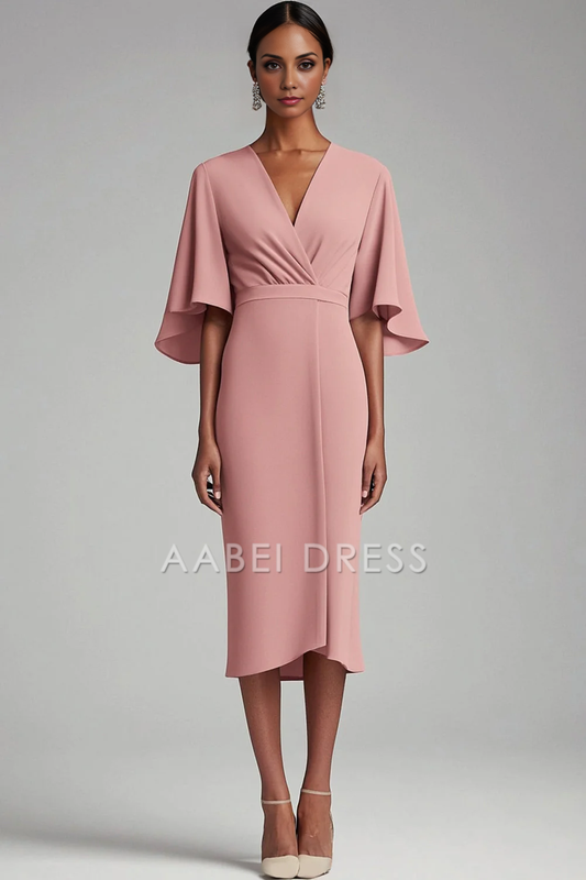 AABEI DRESS Mother Of The Bride Dress V Neck Bodycon Chiffon 1/2 Sleeves Tea-Length Elegant Formal Wear Dresse
