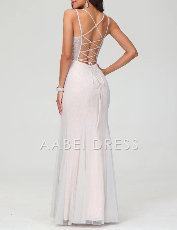 AABEI DRESS Charming V-Neck Spaghetti Straps Bodycon Glitter Backless Tulle Floor-Length Fashion Evening Dress
