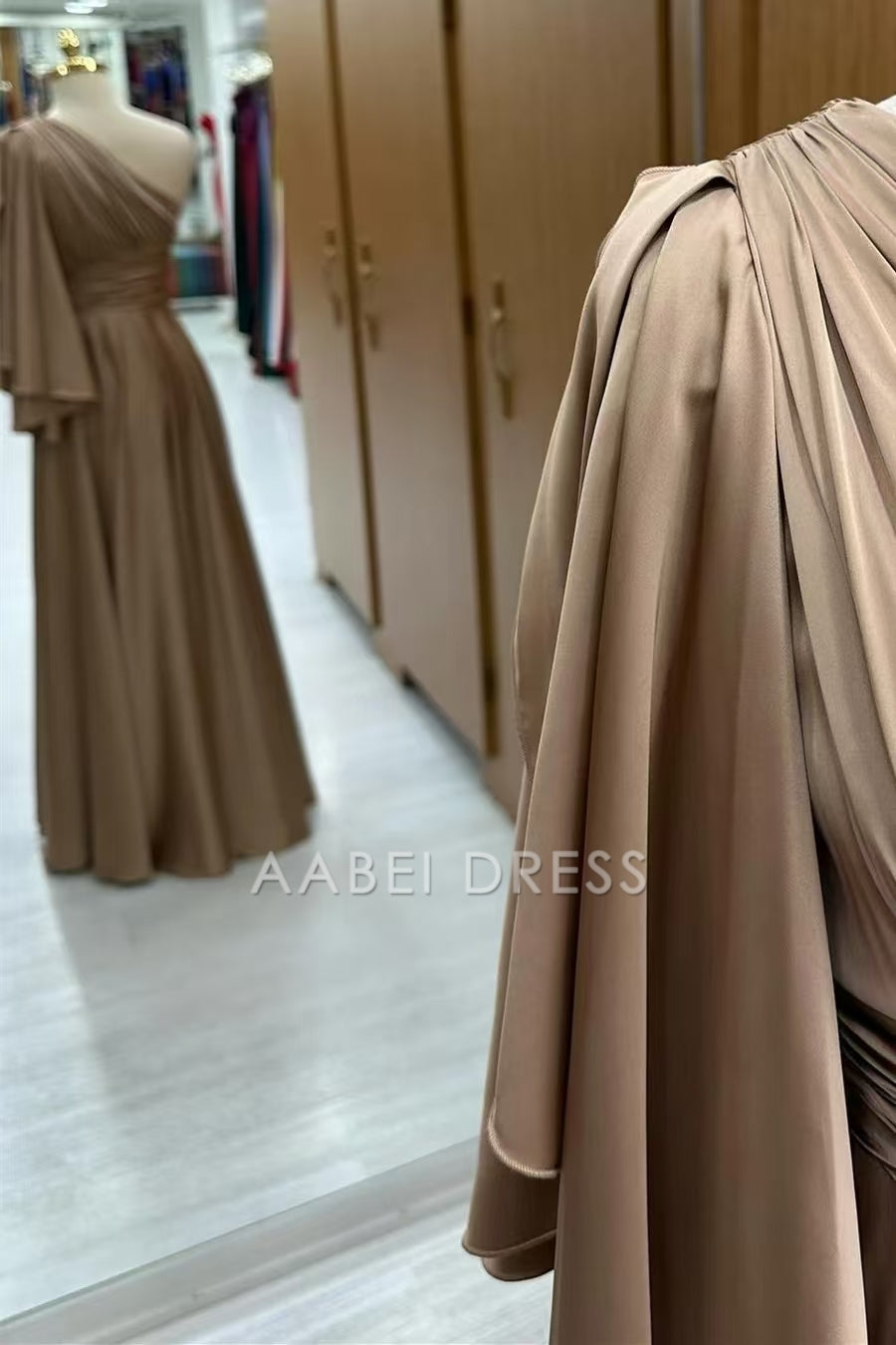 AABEI DRESS High Quality Mother of The Bride Dress A-Line One-Shoulder Flared Sleeve Pleated Long Elegant Dress Formal Dress