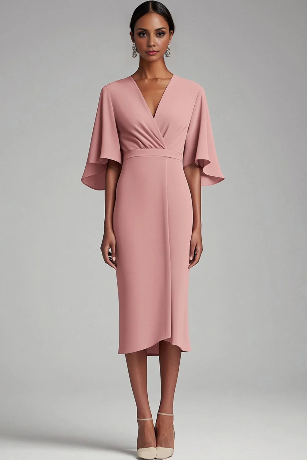 AABEI DRESS Mother Of The Bride Dress V Neck Bodycon Chiffon 1/2 Sleeves Tea-Length Elegant Formal Wear Dresse