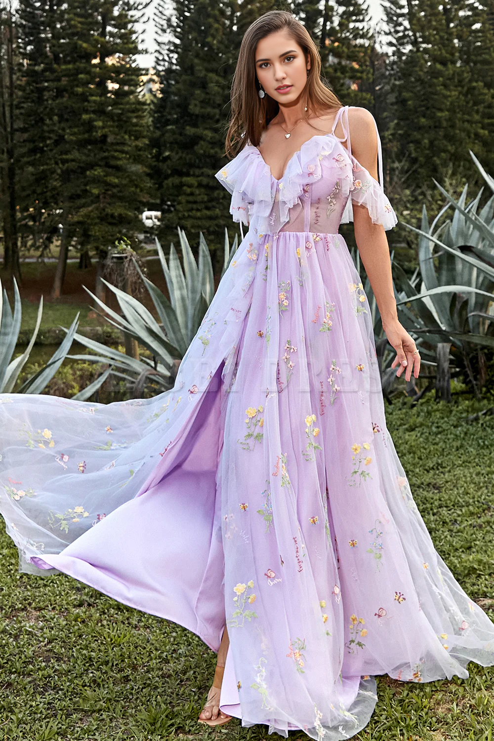 Prom Dress A-Line V-Neck Spaghetti Straps Ruched Side Fork Embroidery Lace Sweet Formal Wear Dresses